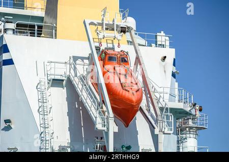 Lifeboat on large ship view, maritime safety equipment Stock Photo