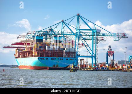 Container ship unloading cargo at Gothenburg terminal, cargo shipping in Sweden Stock Photo