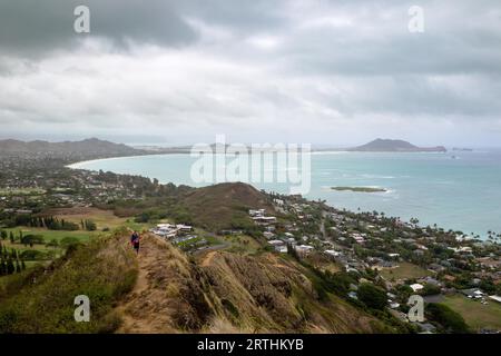 View from Pillbox Trail over Kailua Bay on Oahu, Hawaii, USA Stock Photo