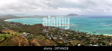 View from Pillbox Trail over Kailua Bay on Oahu, Hawaii, USA Stock Photo