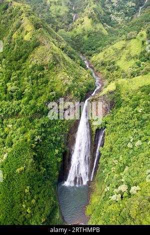 Aerial view of waterfalls in the mountains on Kauai, Hawaii, USA Stock Photo