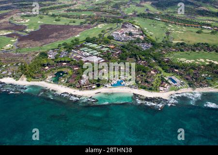 Aerial view of the Hualalai Resort on Kahuwai Bay on the west coast of Big Island, Hawaii, USA Stock Photo