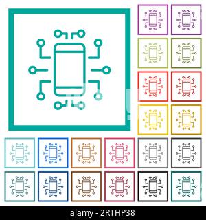 Embedded device outline flat color icons with quadrant frames on white background Stock Vector
