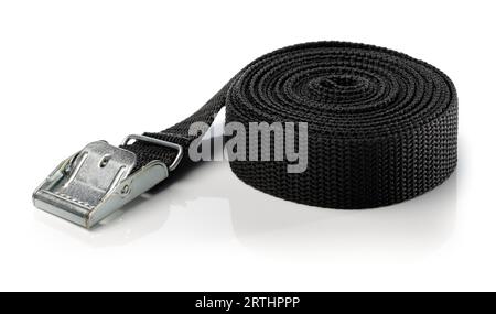 Black nylon cam lock tie down strap isolated on white with natural reflecrtion Stock Photo
