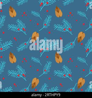 Christmas pattern with juniper branches and fir tree with berries and cones. Blue background. Vector illustration Stock Vector
