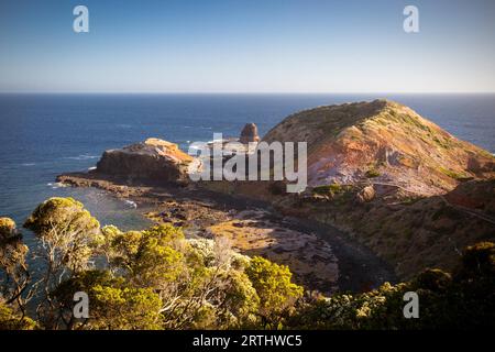 The famous Cape Schanck boardwalk runs towards the sea and rock formation known as London Bridge, in Victora. Australia Stock Photo