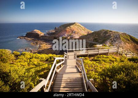 The famous Cape Schanck boardwalk runs towards the sea and rock formation known as London Bridge, in Victora. Australia Stock Photo