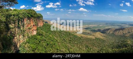 Panoramic view from top of cliffs in the afternoon light to a valley, drone photography, Chapada dos Guimaraes, Mato Grosso, Brazil, South America Stock Photo