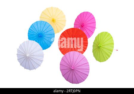 multicolored chinese umbrellas isolated on white background Stock Photo