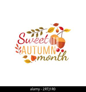 Sweet autumn lettering typography design vector. Fall Autumn lettering thanksgiving day hello fall love sign happy fall pumpkin autumn leaves acorns w Stock Vector