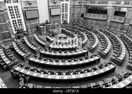 Copenhagen, Denmark, Occtober 05, 2016: Black and white photograph of the interior of the Danish parliament also called Folketinget Stock Photo