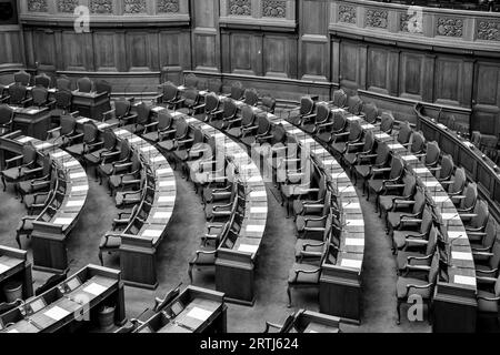 Copenhagen, Denmark, Occtober 05, 2016: Black and white photograph of the interior of the Danish parliament also called Folketinget Stock Photo