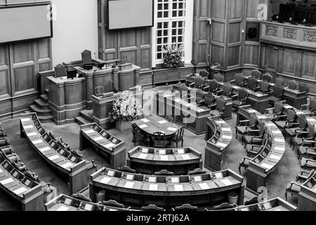 Copenhagen, Denmark, Occtober 05, 2016: Black and white photograph of the interior of the Danish parliament also called Folketinget Stock Photo