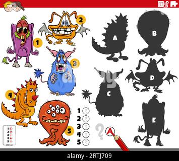 Cartoon illustration of finding the right shadows to the pictures educational game with funny monsters characters Stock Vector