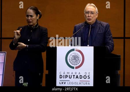 Mexico City, Mexico. 12th Sep, 2023. September 12, 2023, Mexico City, Mexico: Enrique Kolbeck, air controller at the Mexico Public Hearing on Unidentified Anomaly Phenomena in the Chamber of Deputies in Mexico City. on September 12, 2023 in Mexico City, Mexico (Photo by Luis Barron/Eyepix Group). Credit: Eyepix Group/Alamy Live News Stock Photo