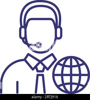 Interpreter line icon. Character in headset and globe Stock Vector