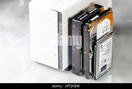 HDD 3.5' and 2.5' for installation on double bay NAS ( Network Attached storage ) computer data storage server for personnel or Small office. Stock Photo