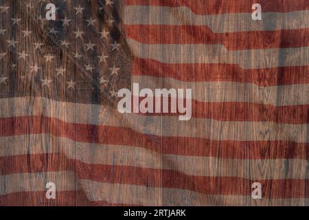 Wooden American Vintage Stage Background. Stage with Painted Aged American Flag Paint. Stock Photo