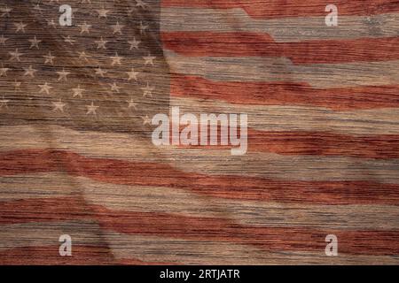 Wooden American Vintage Stage Background. Stage with Painted Aged American Flag Paint. Stock Photo