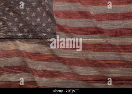 Wooden American Vintage Stage Background. Stage with Painted Aged American Flag Paint. Stock Photo