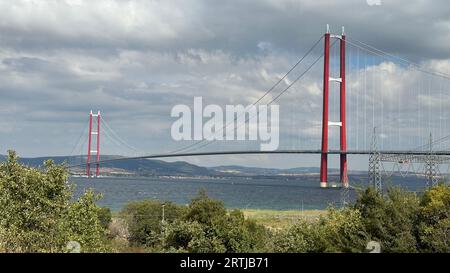 The 1915 Canakkale Bridge, the longest suspension bridge in the world, sixth link between Asia and Europe. The total length of the bridge is 3,563 m a Stock Photo