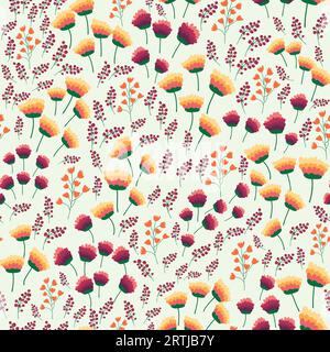 Floral seamless pattern. Daisies, lilies of the valley, clover, tulips, peonies, Caps lla b rsa-past ris, herbs. Print with small bright flowers, spri Stock Vector