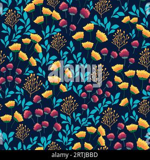 Floral seamless pattern. Daisies, lilies of the valley, clover, tulips, peonies, Caps lla b rsa-past ris, herbs. Print with small bright flowers, spri Stock Vector
