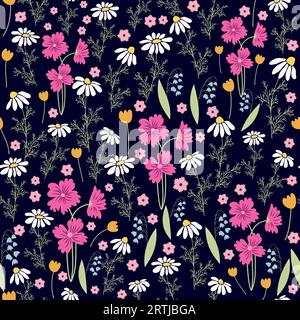 Floral seamless pattern. Daisies, lilies of the valley, clover, tulips, peonies, Caps lla b rsa-past ris, herbs. Print with small bright flowers, spri Stock Vector