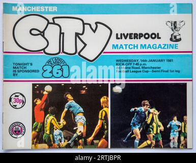 Manchester City match day programme for the League Cup semi-final first leg game against Liverpool at Maine Road in January 1981 Stock Photo