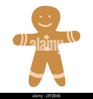 Hand drawn cute cartoon illustration of gingerbread cookie man. Flat vector Christmas ginger snap sticker in colored doodle style. New Year, Xmas char Stock Vector