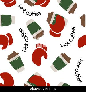 Paper cup and red Knitted Mittens with winter Lettering. Vector Seamless Pattern. Hand Drawn Fair Isle Knitwear Graphic Print. Winter Holiday Backgrou Stock Vector
