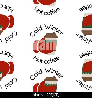 Colorful Retro Knitted Mittens holding paper cup. Lettering. Vector Seamless Pattern. Hand Drawn Fair Isle Knitwear Graphic Print. Winter Holiday Back Stock Vector