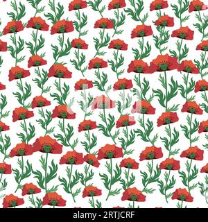 Summer seamless pattern with bright red poppy flowers and poppy pods. Field, meadow of poppies. Stock Vector