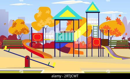 Kids playground with playing equipment, autumn trees Stock Vector