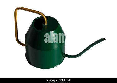 Decorative green watering can with a yellow handle for watering indoor flowers on a white background. Stock Photo