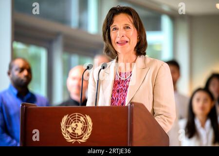 New York, USA. 13th Sep, 2023. United Nations Under-Secretary-General for Global Communications Melissa Fleming speaks at the UN Headquarters, during a ceremony on the occasion of the 42nd Anniversary of the International Day of Peace. Credit: Enrique Shore/Alamy Live News Stock Photo