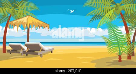 Lounge chairs under umbrella on beach Stock Vector