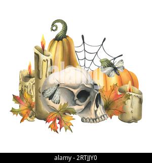 Human skull with orange pumpkins, candles, night moths, cobwebs and autumn leaves. Hand drawn watercolor illustration for Halloween and Day of the Stock Photo