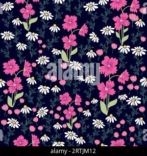 Floral seamless pattern. Daisies, lilies of the valley, clover, tulips, peonies, Caps lla b rsa-past ris, herbs. Print with small bright flowers, spri Stock Vector