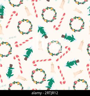Seamless pattern with Christmas wreaths, fir trees, candles and sweets on a beige background Stock Vector
