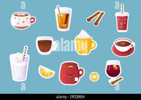 stickers winter hot, cosy drinks. Objet Set. Vector illustration Stock Vector