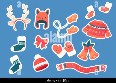 stickers with winter accessories, clothes, hats, scarf, jumper, socks, bells, horns, vector illustration Stock Vector