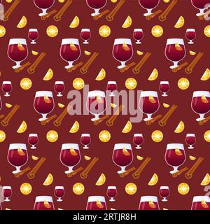 Seamless pattern with wine, mulled wine and lemon and cinnamon. Vector illustration Stock Vector