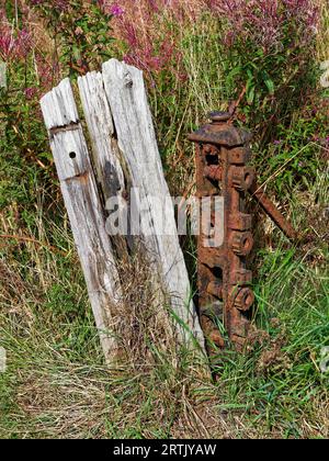 A Cast Iron tensioning Fence Post hidden in the undergrowth of grasses and Rosebay Willowherb next to a leaning wooden Fence Post. Stock Photo