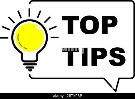 Top Tips icon and Light bulb with sparkle rays shine. Idea sign thinking solution. Idea lamp tooltip trivia. Great idea badge. helpful advice tricks s Stock Vector