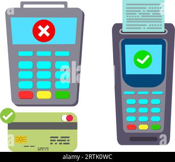 Payment Terminal POS with ATM debit credit card and print receipt. Electronic transaction Machine cashless technology. Contactless payment Transaction Stock Vector