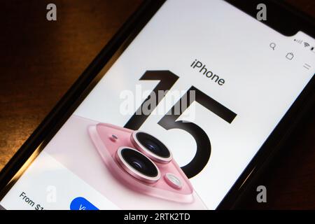 Official website of iPhone 15. The iPhone 15 is a smartphone that designed by Apple Inc. and the 17th gen of its series, succeeding the iPhone 14. Stock Photo