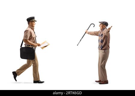 Mailman delivering a letter to a happy elderly man isolated on white background Stock Photo