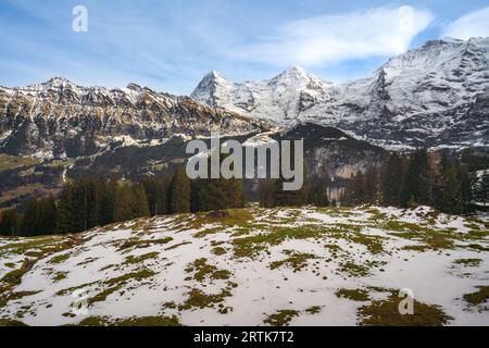 Tschuggen, Eiger and Monch and Jungfrau Mountains at Swiss Alps - Lauterbrunnen, Switzerland Stock Photo