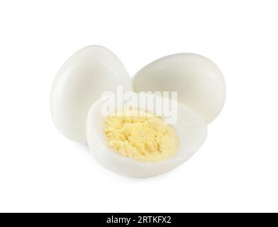 Peeled hard boiled quail eggs on white background Stock Photo
